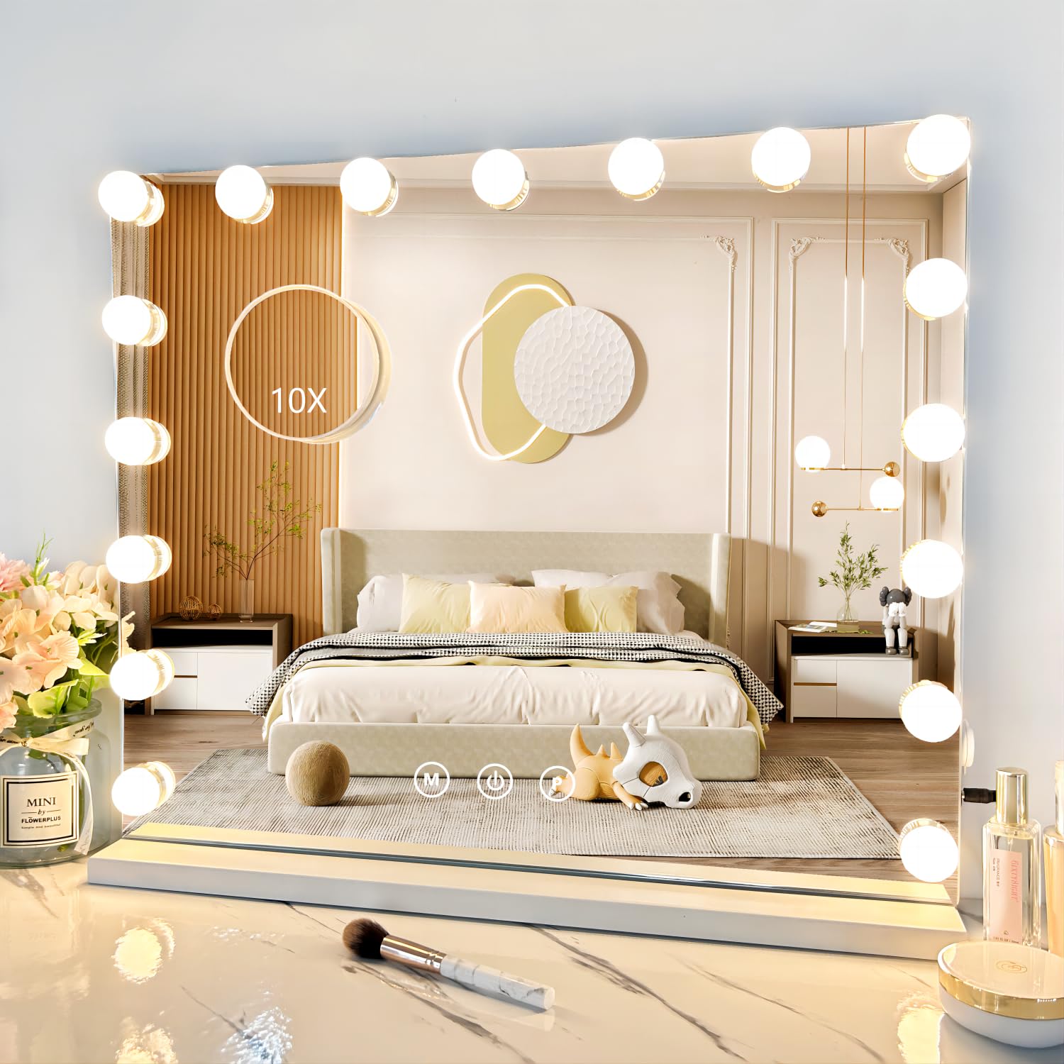 NUSVAN Vanity Mirror with LightsMakeup Mirror with Lights with 17 Dimmable LED Bulbs 3 Color Lighting Modes Detachable 10X Magnification Mirror Touch Control 23.6X197 inch White